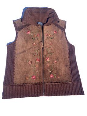 Vintage Leather Knit Vest Embroidered Zip M Floral Western Boho Cottagecore Boho